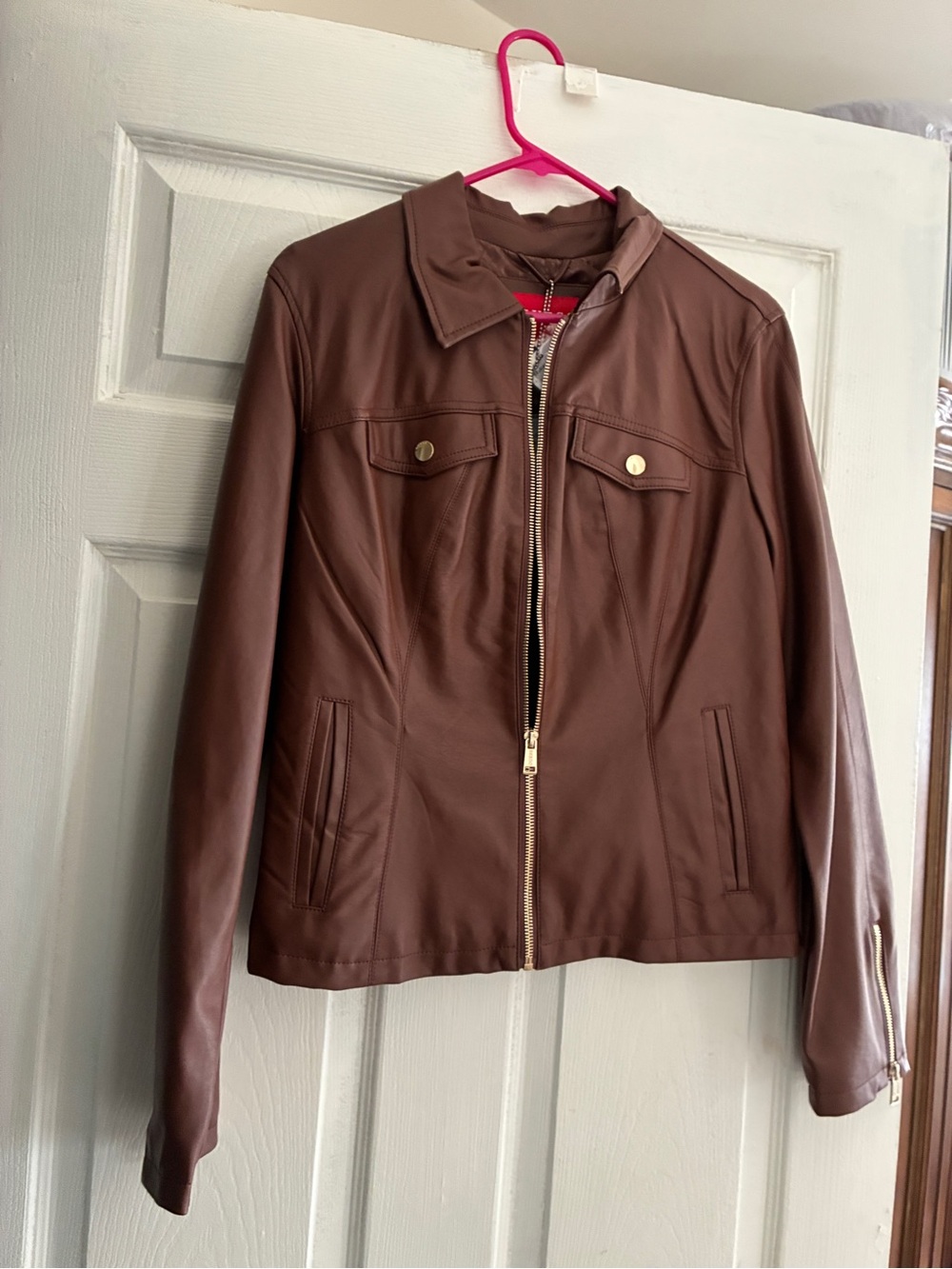 NWT Women’s Brown Faux Leather Zip-Front Jacket